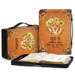 jesuspirit personalized zippered bible cover with handle large size – lion & sunflower customized leather bible case – god is within her, she will not fall – psalm 46:5 – ideal gift for church ladies