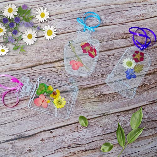 60 Pcs Transparent Dried Flower Bookmarks with Grosgrain Ribbon, DIY Clear Glassware Bottle Shape Stickers Beautiful Herbarium Floral Page Bookmark Craft