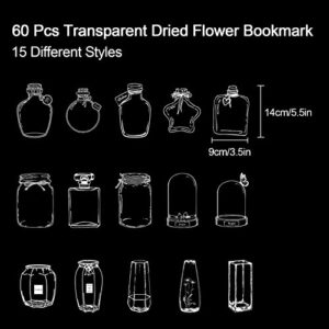 60 Pcs Transparent Dried Flower Bookmarks with Grosgrain Ribbon, DIY Clear Glassware Bottle Shape Stickers Beautiful Herbarium Floral Page Bookmark Craft