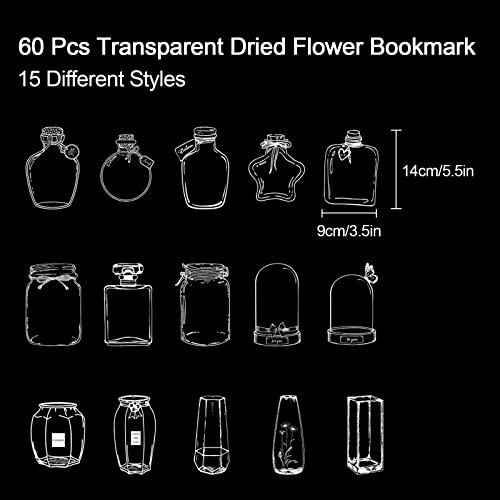 60 Pcs Transparent Dried Flower Bookmarks with Grosgrain Ribbon, DIY Clear Glassware Bottle Shape Stickers Beautiful Herbarium Floral Page Bookmark Craft