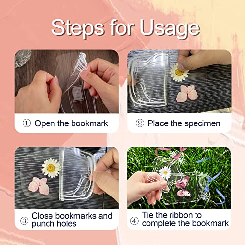 60 Pcs Transparent Dried Flower Bookmarks with Grosgrain Ribbon, DIY Clear Glassware Bottle Shape Stickers Beautiful Herbarium Floral Page Bookmark Craft