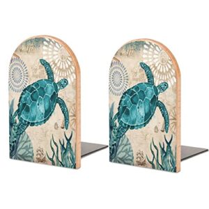 2 pcs wood bookends, sea turtle,blue ocean creature landscape wood book stand for home office school,l shaped book ends perfect for books,dvd’s,cd’s,video game 7×5 inch