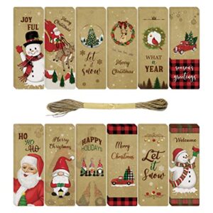 primatch 36 packs cute christmas bookmarks tags for women men kids book lovers, vintage kraft paper christmas bookmark gift tags with 32.8 feet burlap twine for diy xmas holiday present