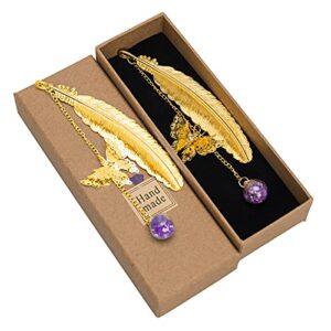 renaelelife metal feather bookmarks, 2pack of vintage book marks with 3d butterfly and dried flower glass bead pendant, wrap cute with gift box, gifts for book lovers women men kids (gold + gold)
