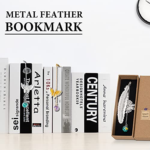 Renaelelife Metal Feather Bookmarks, 2Pack of Vintage Book Marks with 3D Butterfly and Dried Flower Glass Bead Pendant, Wrap Cute with Gift Box, Gifts for Book Lovers Women Men Kids (Gold + Gold)