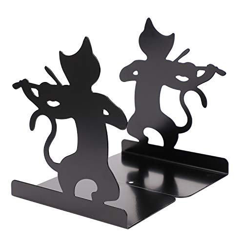 Cute Animal Metal Cat Book Ends Novelty Black Music Cat Play Bookends Decorative for Shelves Iron Cat Book Stand Anti-Slip Heavy Duty Desktop Organizer Book Shelf Holder for Library School Office Home