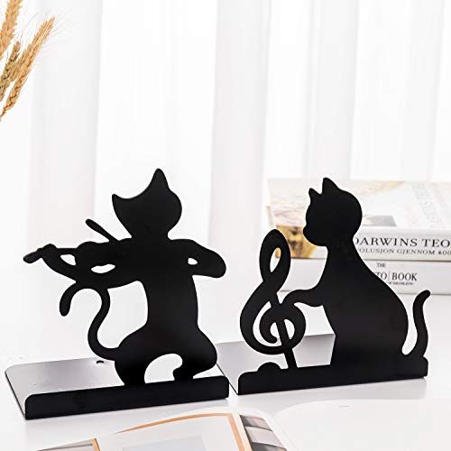 Cute Animal Metal Cat Book Ends Novelty Black Music Cat Play Bookends Decorative for Shelves Iron Cat Book Stand Anti-Slip Heavy Duty Desktop Organizer Book Shelf Holder for Library School Office Home