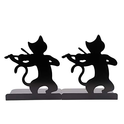 Cute Animal Metal Cat Book Ends Novelty Black Music Cat Play Bookends Decorative for Shelves Iron Cat Book Stand Anti-Slip Heavy Duty Desktop Organizer Book Shelf Holder for Library School Office Home