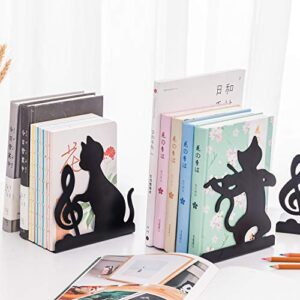 Cute Animal Metal Cat Book Ends Novelty Black Music Cat Play Bookends Decorative for Shelves Iron Cat Book Stand Anti-Slip Heavy Duty Desktop Organizer Book Shelf Holder for Library School Office Home