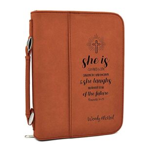 Custom Bible Cover - Proverbs 31:25 - Rawhide Bible Case with Black Engraving