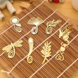 Fascola Pack of 8 Cute Cartoon Art Golden Feather Bookmarks Metal Book Mark for Reading Stationery Office School Supplies