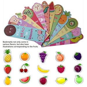 AUXHCYL 54pcs Bookmarks for Kids,Scented Bookmark Fruit Scratch and Sniff Bookmarks Colorful Book Marks Fruit Bookmarks 27 Styles for Students Reader