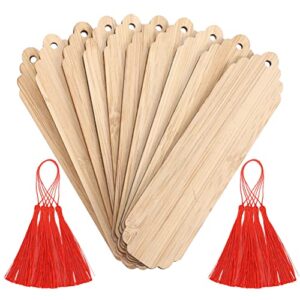 luozzy 10sets wood blank bookmarks unfinished wood hanging tags with red tassel diy crafts wooden book marker tags for new year christmas wedding birthday party decor