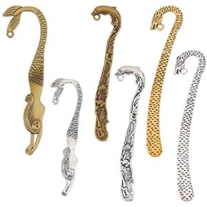 sunnyclue 1 box 12pcs metal bookmarks hook bookmark vintage style alloy hook bookmarks hairpin carved mermaid book markers dragon charm pendants for books lovers teacher’s day back to school gift