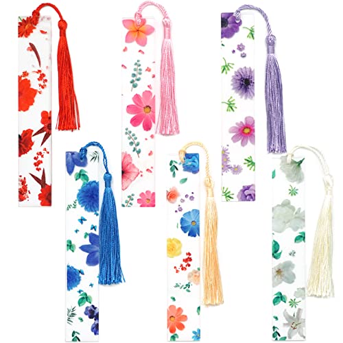 Bookmarks for Women Flower Bookmark Cute Floral Bookmarks Transparent Acrylic Bookmarks with Tassels for Women Teacher Kids Book Lovers (6 PCS)