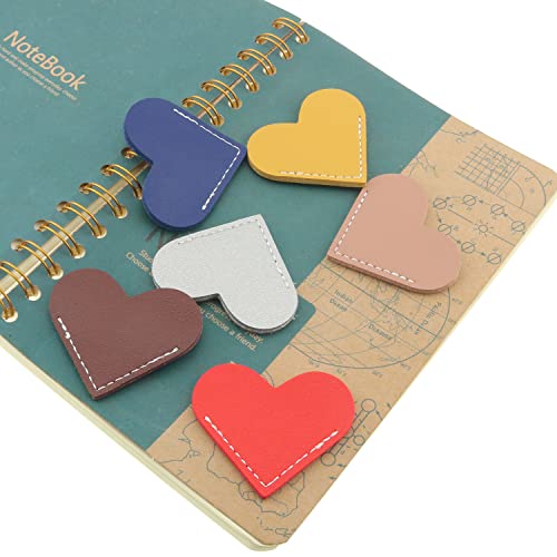 MTQY 6pcs Heart Shaped Bookmark 6x5cm Leather Heart Page Corner Handmade Bookmark in 6 Colors