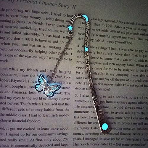 Metal Feather Bookmark Book Marks with Butterfly Pendant Glow in The Dark Dragonfly Owl Dragon Bookmark for Book Lovers(Silver Small Butterfly)