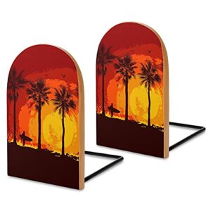 palm trees and a surfer wood bookends book stand book ends non skid book holder for home office school study（logs）
