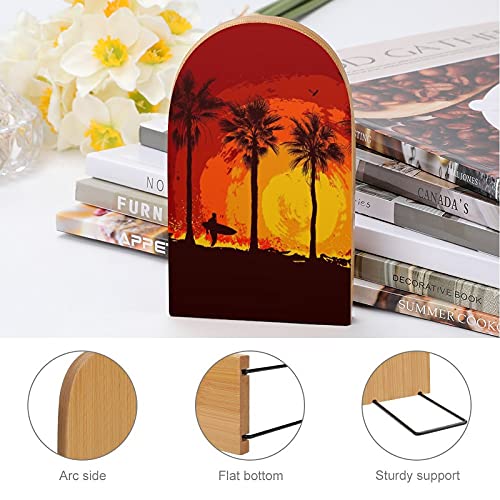 Palm Trees and A Surfer Wood Bookends Book Stand Book Ends Non Skid Book Holder for Home Office School Study（Logs）