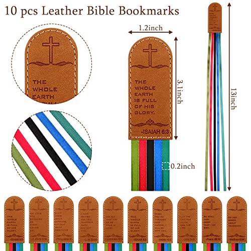 10 Pieces Christian Leather Bookmark Gifts Bible Bookmark Bible Verse Inspirational Bookmarks Artificial Leather Multi Page Marker with 5 Colorful Ribbons for Men Women Book Lovers Readers