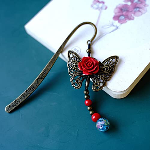 YIRUZWRD Classic Metal Bookmark Rose Flower Butterfly Design Bead Pendant Beading Bookmark