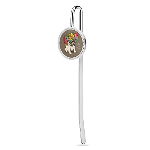 Exquisite Personalized Silver Metal Bookmark with Customized Pattern,Durable Creative Stainless Steel Book Marker as Gift for Kids Teens Adult Hippie Pug Puppy Dog in Floral Head Wreath