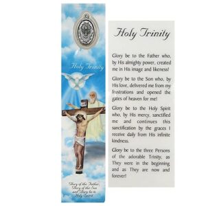 the holy trinity bookmark with medal and prayer on back, catholic saints religious bookmarks for journals, books, and bibles, glory of the father, son, and holy spirit, 7 3/8 inches