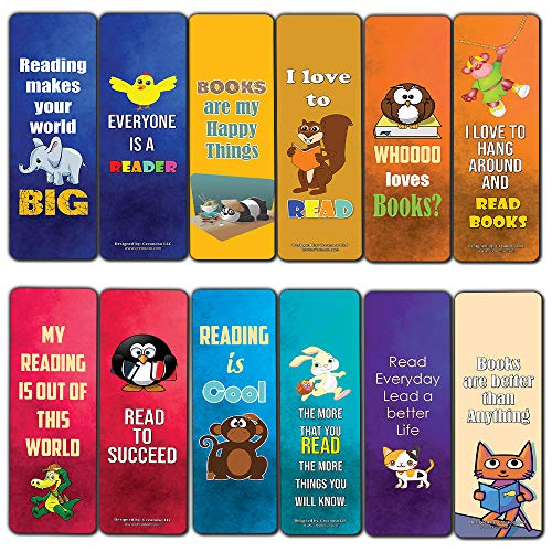 Creanoso Inspiring Bookmarks for Kids (12-Pack) - Animal Theme Reading Bookmarker Cards - Stocking Stuffers Gift for Kids, Children, Boys & Girls – Teacher and Classroom Rewards – School Gifts Set