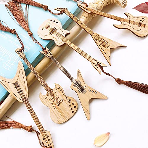 Natural Bamboo Bookmarks with Tassels,Retro Guitar Bass Bookmark Chinese Style Bamboo Bookmark Bass Book Folder Book Clip(C)