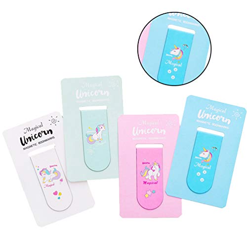 NUOBESTY 4pcs Unicorn Magnetic Bookmarks Magnet Page Markers for Student Stationery Reading Accessories (White, Green, Pink, Blue)