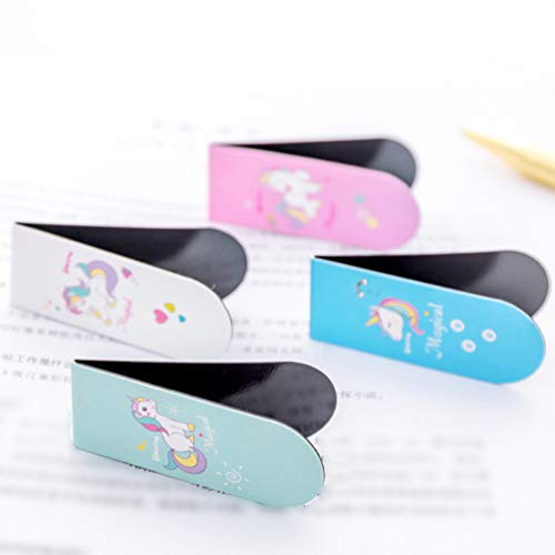 NUOBESTY 4pcs Unicorn Magnetic Bookmarks Magnet Page Markers for Student Stationery Reading Accessories (White, Green, Pink, Blue)