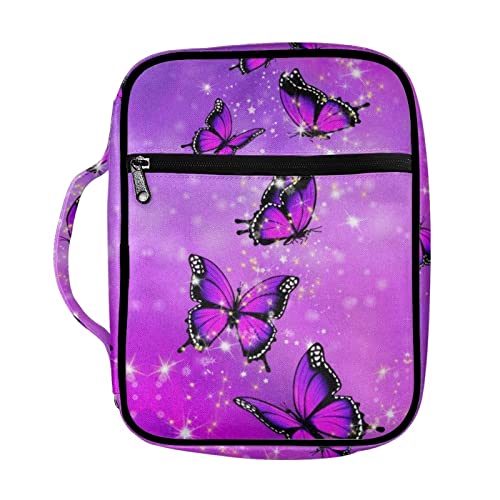 Freewander Purple Butterfly Bible Covers for Women Family Bible Case with Handle Open with Zipper Large Book Carrying Case with Pockets, 11“x8.6”x2.36"