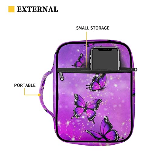 Freewander Purple Butterfly Bible Covers for Women Family Bible Case with Handle Open with Zipper Large Book Carrying Case with Pockets, 11“x8.6”x2.36"