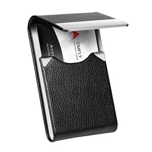 dmfly business card holder case – pu leather business card case name card holder slim metal pocket card holder with magnetic shut, black