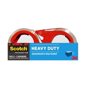 scotch heavy duty packaging tape, 1.88″ x 54.6 yd, designed for packing, shipping and mailing, strong seal on all box types, 3″ core, clear, 2 dispensered rolls (3850-2rd)