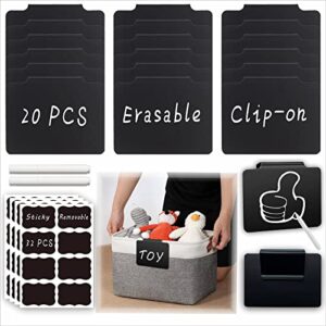 54-piece set of basket labels clip on for storage bins: 20 erasable plastic kitchen pantry labels, 32 removable pvc tag stickers, 2 white chalk markers, for organization container, jar, shelf, laundry