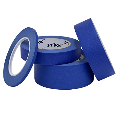 3 Pack 1/4" inch x 60yd STIKK Blue Painters Tape 14 Day Easy Removal Trim Edge Thin Narrow Finishing Masking Tape (.25 in 6MM)