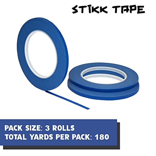 3 Pack 1/4" inch x 60yd STIKK Blue Painters Tape 14 Day Easy Removal Trim Edge Thin Narrow Finishing Masking Tape (.25 in 6MM)