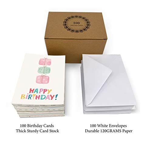 100 Birthday Cards, Happy Birthday Cards Bulk with Short Message Inside, 5x7 Inch Thick Card Stock Assorted Birthday Cards with Envelopes,10 Unique Designs Birthday Cards for Men and Women.