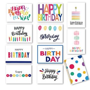 100 birthday cards, happy birthday cards bulk with short message inside, 5×7 inch thick card stock assorted birthday cards with envelopes,10 unique designs birthday cards for men and women.