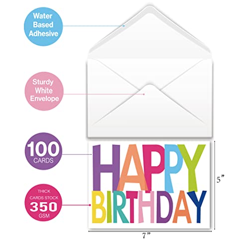 100 Birthday Cards, Happy Birthday Cards Bulk with Short Message Inside, 5x7 Inch Thick Card Stock Assorted Birthday Cards with Envelopes,10 Unique Designs Birthday Cards for Men and Women.