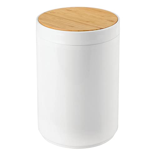 mDesign Plastic Round Trash Can Small Wastebasket, Garbage Bin Container with Swing-Close Lid, Kitchen, Bathroom, Home Office, Bedroom Basket; Holds Waste, Recycling,1.3 Gallon - White/Natural