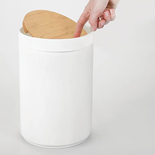 mDesign Plastic Round Trash Can Small Wastebasket, Garbage Bin Container with Swing-Close Lid, Kitchen, Bathroom, Home Office, Bedroom Basket; Holds Waste, Recycling,1.3 Gallon - White/Natural