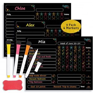 magnetic black chore chart 3pcs for multiple kids & adults – 4 fine tip chalk markers – dry erase black boards – reward good behavior for toddlers & responsibility for teenagers – organize the family