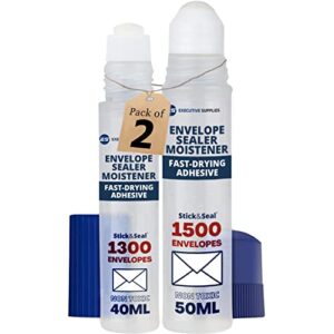 envelope moistener sealer with adhesive,dab n seal, stamp and letter glue licker, fast drying, non toxic, squeezable sealer-ideal for envelopes,stamps,letters. 2 pack, by executive supplies