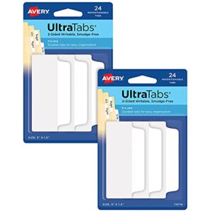 Avery Ultra Tabs, File Tabs, 3" x 1.5", 2-Side Writable, White, 24 Tabs Per Pack, 2-Pack, 48 Self Adhesive Tabs Total (34777)