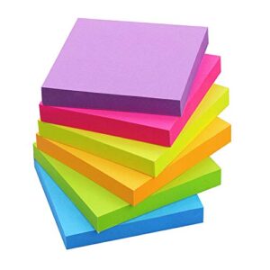 sticky notes 3×3, 6 color bright colorful sticky pad, 6 pads/pack, 100 sheets/pad, self-sticky note pads (yellow, green, blue, orange, purple, rose)