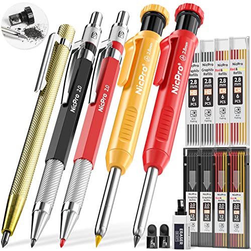 Nicpro 5 Pack Mechanical Carpenter Pencil Set with 76 Refills & Carbide Scribe Tool, Solid Deep Hole Carpenter Markers Woodworking Pencils with Built-in Sharpener for Construction Architect -With Case