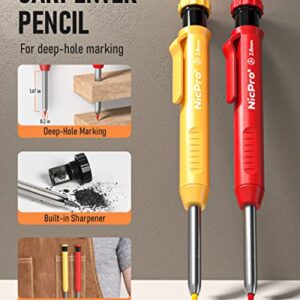 Nicpro 5 Pack Mechanical Carpenter Pencil Set with 76 Refills & Carbide Scribe Tool, Solid Deep Hole Carpenter Markers Woodworking Pencils with Built-in Sharpener for Construction Architect -With Case