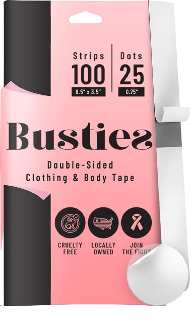 Busties Fabric Tape (100 Strips & 25 Dots) Avoid Fashion Mishaps with Body Tape, Fabric Tape Double Sided Dress Tape (Clothing Tape/Skin Tape)